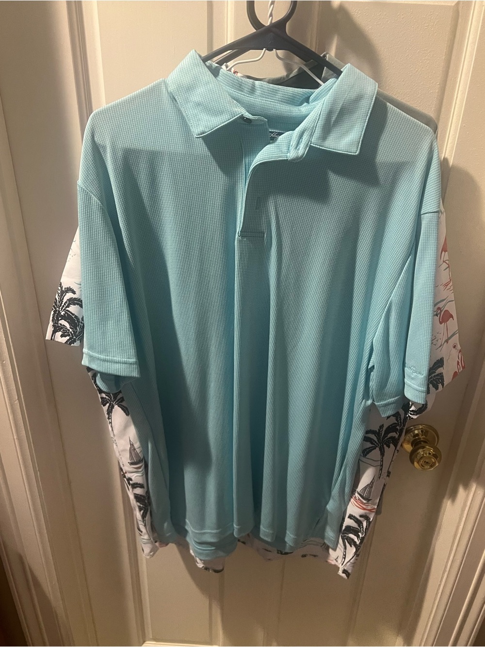 Light Blue Men's Polo Shirt with Tropical Sleeve Detail
